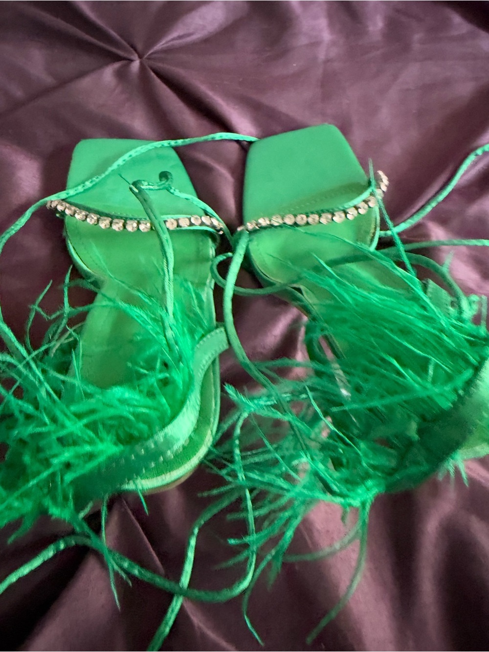 SHEIN Emerald Feather Lace-Up Heeled Sandals with Rhinestone Strap